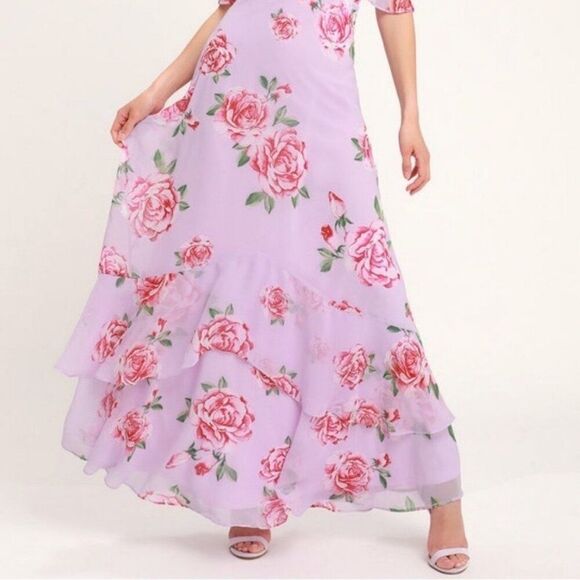 Lulu’s Take You There Lavender Floral Print Maxi Dress M Flowy Tiered Roses - Picture 9 of 10